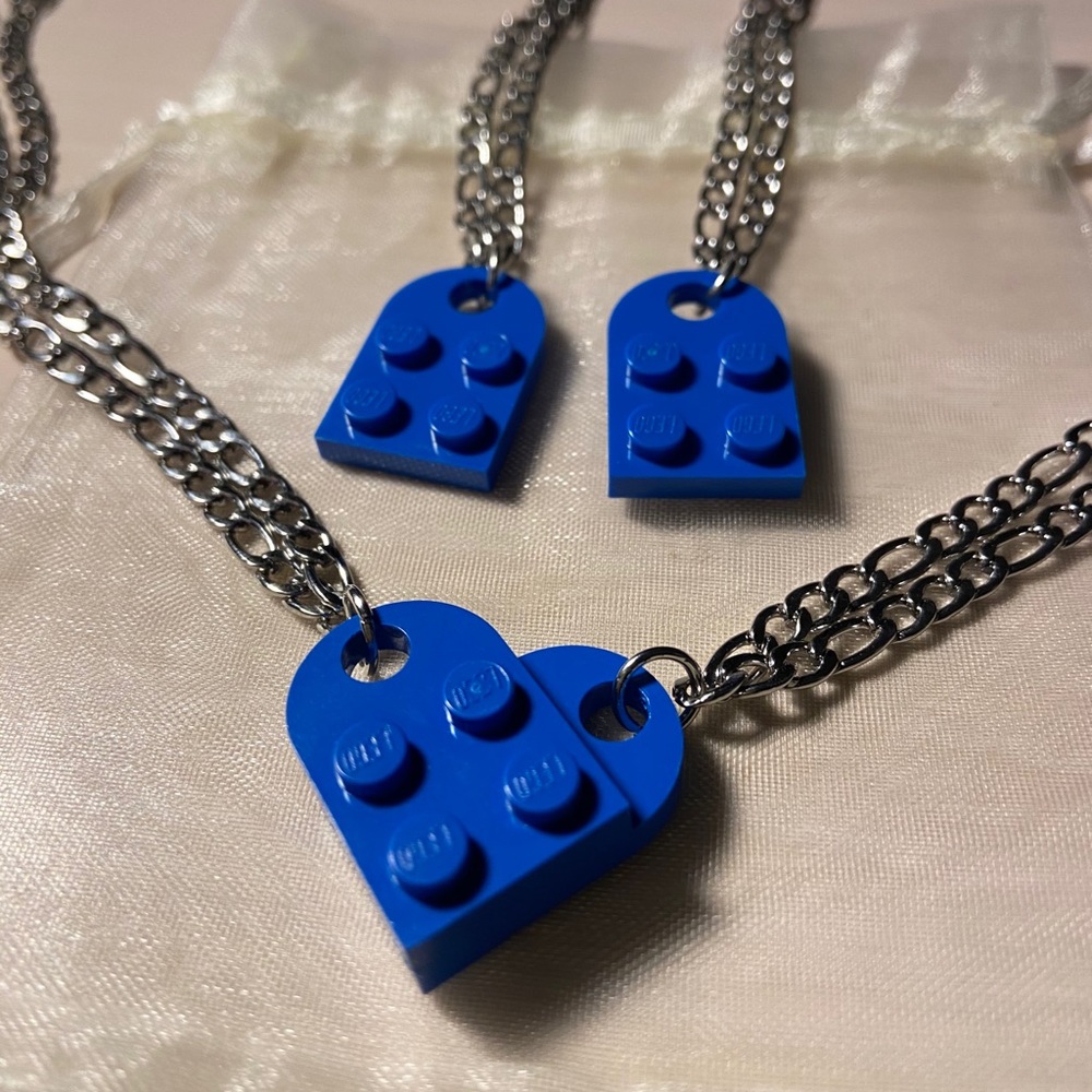blue lego heart necklaces